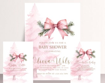 Pink Christmas Tree Baby shower Invitation Bundle, Winter Girl Baby Shower Invitations, Winter Pink Books For Baby, Diaper Raffle Card