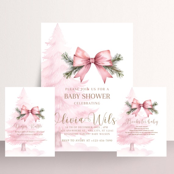 Pink Christmas Tree Baby shower Invitation Bundle, Winter Girl Baby Shower Invitations, Winter Pink Books For Baby, Diaper Raffle Card