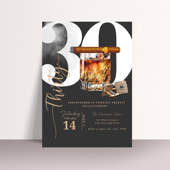 Customizable Black & Gold Whiskey and Cigars Party Invitation Template, Sign with Cufflinks Birthday Invite - Elegant Design Whiskey, Cigars
