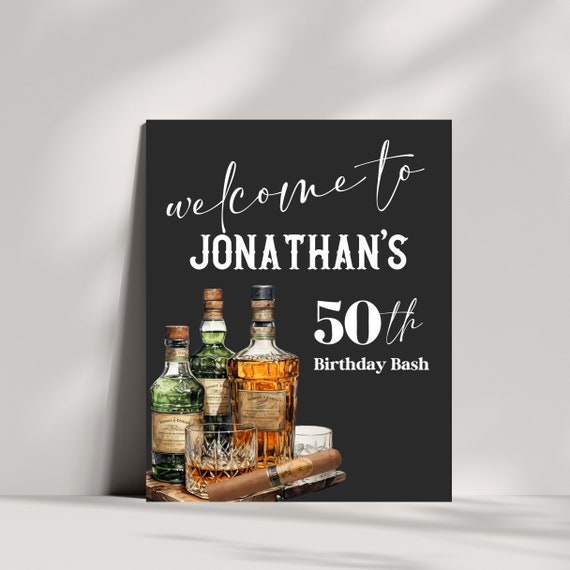 Editable Whiskey and Cigar Birthday Welcome Sign, Editable Any Age Mens Birthday Banner, Printable Gentlemen Bday Template, Instant download