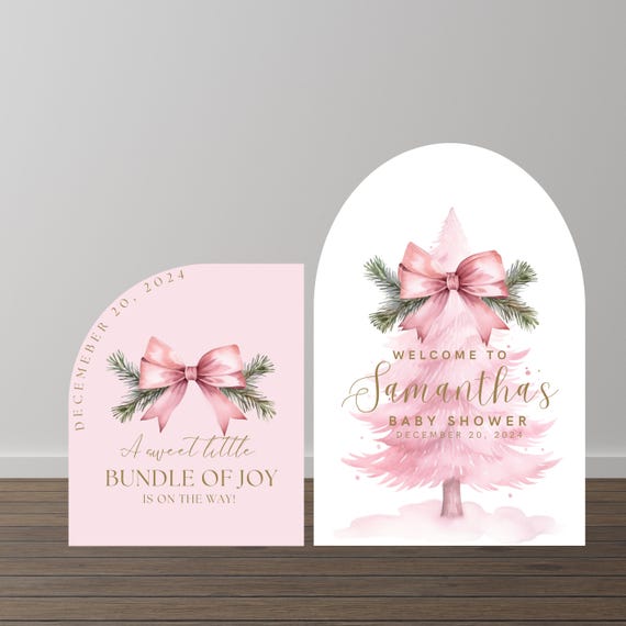 Pink Christmas Tree Baby Shower Welcome Sign | Winter Girl Baby Shower Arch Decor | Pink Bow Foam Signage for Baby Shower