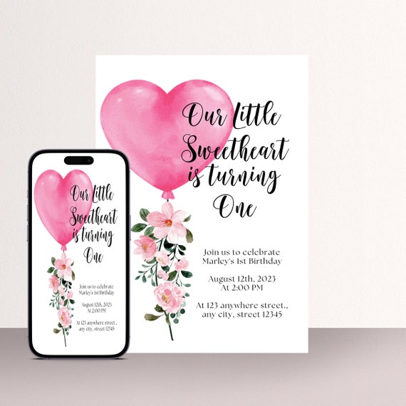 Little Sweetheart Birthday Party Invitation, Valentine Birthday Party Invitations, Pink Floral Heart Balloon Invite, Instant Download, #BHF