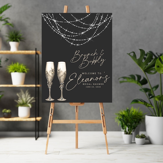 Editable Champagne Glass Bridal Shower Welcome Sign Template, Bubbly and Brunch Banner, Customizable Elegant Wedding Décor Bridal Shower
