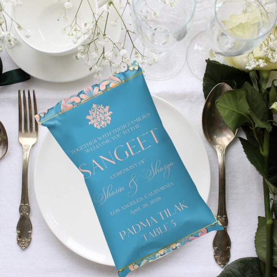 Blue and Gold Royal Indian Wedding Chip Bag Favors | Elegant Personalized Engagement and Wedding Table Decor | Traditional Guest List Favors