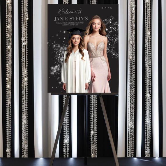 Custom Graduation Photo Sign Black & Silver | Personalized Grad Party Decor | Acrylic, Foam Board, or Poster | Class of 2025 Welcome Sign