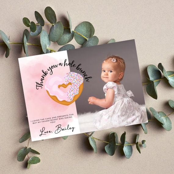 Sweet One Birthday Photo Thank You Card, Pink Heart Donut, 1st Birthday Party Cards, Donuts Bday Invite, Print and Digital #DBH