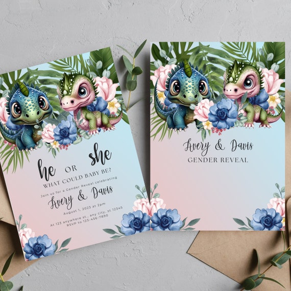 He or She Dinosaur Gender Reveal Invitation, Editable Blue and Pink Gender Reveal Party, Dino Flowers Baby shower invite, Print an Digital