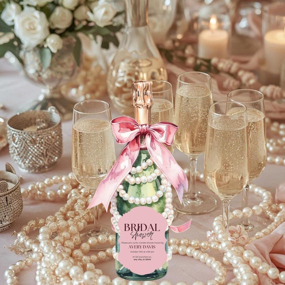 Pearls & Prosecco Bottle Invitation 3D | Champagne Bottle Shape Invite | Bridal Shower Bubbly Theme | Girls Night Party Invite