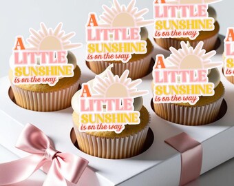 Retro A Little Sunshine on the Way Cupcake Toppers | Yellow Sunshine Baby Shower Decor | Sun Themed Cupcake Decor | Gender Reveal Party