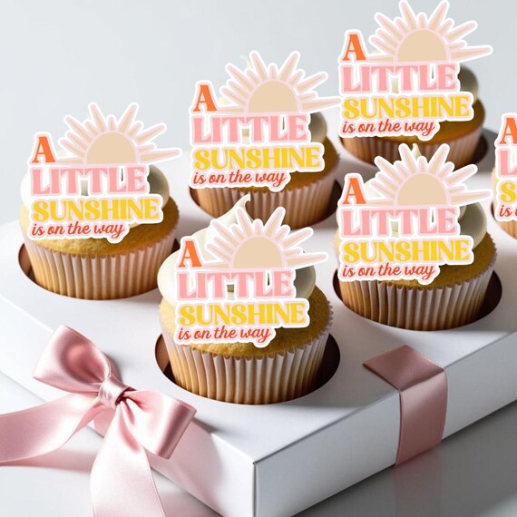 Retro A Little Sunshine on the Way Cupcake Toppers | Yellow Sunshine Baby Shower Decor | Sun Themed Cupcake Decor | Gender Reveal Party