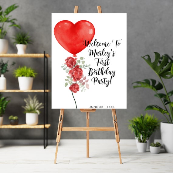 Little Sweetheart Birthday Party Welcome Sign, Valentine Birthday Party Signs, Red Floral Heart Balloon Banner, Instant Download, #BHF