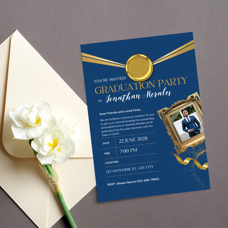 Class of 2024 Blue and Gold Graduation Party Invitation Customizable