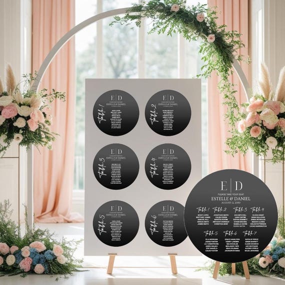 Custom Acrylic Wedding Seating Chart – Round Sign with Vinyl Lettering | Table Names & Place Cards | Modern Reception Decor