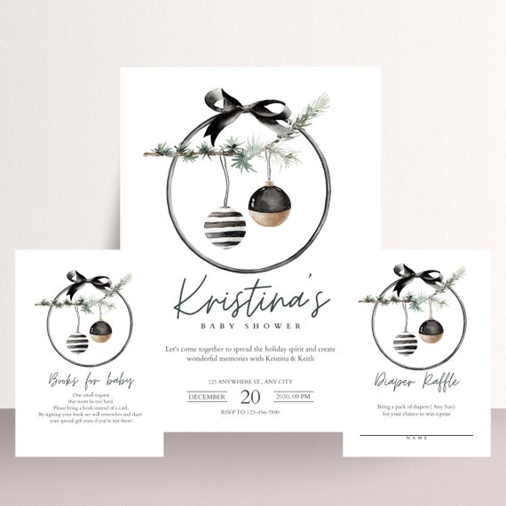 Christmas Baby Shower Invitation, Baby Shower Bundle, Baby Shower Invitation, Books for Baby Card, Ornament Diaper Raffle For Baby