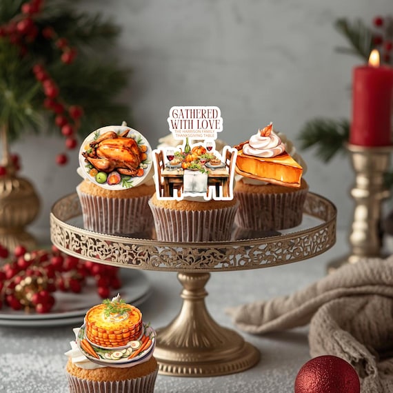 Thanksgiving Cupcake Toppers Personalized with Family Name | Fall Harvest Dessert Decorations | Autumn Custom Thanksgiving Table Decor