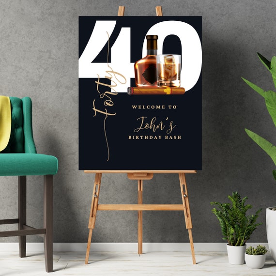 Adult Whiskey and Cigar Birthday Welcome Sign, Editable Any Age Men's Birthday Banner, Printable Bday Template, Print and Digital #AWC