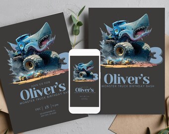 Plantilla de invitación de cumpleaños de Monster Truck, invitación de primer cumpleaños de Race Car, fiesta de Monster Jam, invitaciones imprimibles de cumpleaños