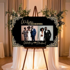 Letrero de bienvenida con foto personalizado en negro y dorado: para bodas, cumpleaños y graduaciones, acrílico, cartón pluma, impresión de póster, decoración personalizada para cualquier ocasión.