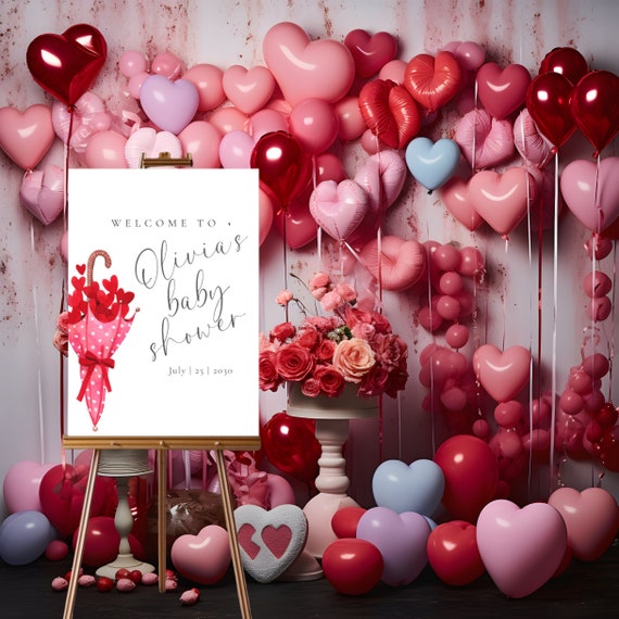 Valentine's Heart Baby Shower Welcome Sign - Printable Banner Heart Umbrella Themed Baby Shower - Showered With Love Decor