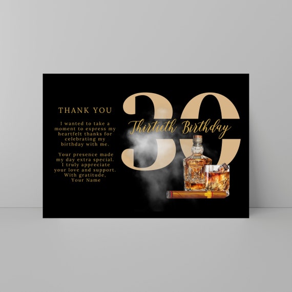 Adult Whiskey and Cigar Birthday Thank You Card Template, Editable Any Age Men's Birthday Thank you Cards, Printable Bday Templates