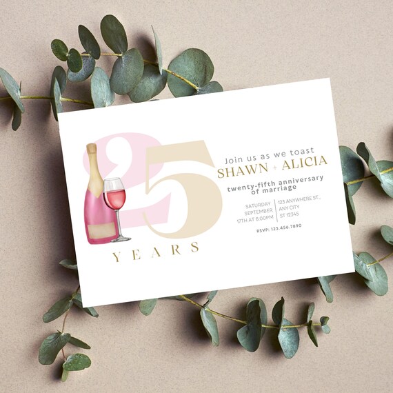 Anniversary Wine Invitation Template, Any Year Editable Anniversary Invitations, Custom Pink and Gold Anniversary Invite, Print and Digital