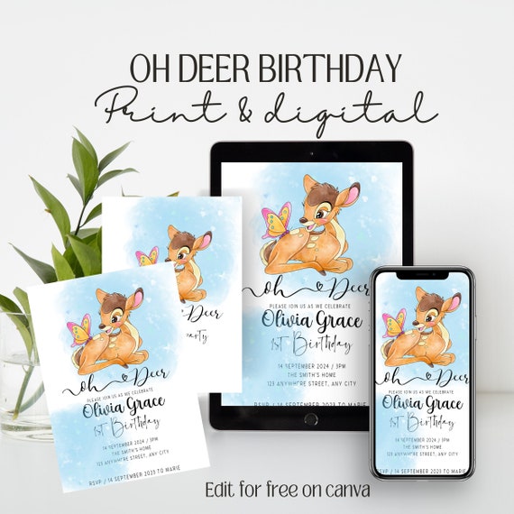 Printable Blue Oh Deer Birthday Invite, Editable Deer Birthday invitation, Boys Deer Themed Invitations, Instant Download, #ODB