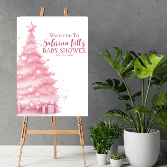 Pink Christmas Tree Baby Shower Welcome Sign, Editable Girl Banner, Custom Baby Shower Signs, Pink Christmas Tree Printable