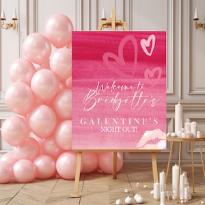 Galentine's Day Willkommensschild Vorlage mit Herz und Lippen Dekorationen, anpassbare Galentine's Party Girlande, Sofort Download
