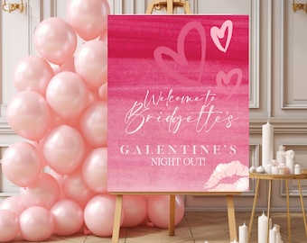 Printable Galentine's Day Welcome Sign Template with Hearts and Lips Decorations - Customizable Galentine's Party Banner, Instant Download