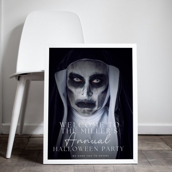 Spooky Halloween Welcome Sign, Editable Nun Party Signs, Horror Banner, Scary Printable Banners Haunted House Celebration