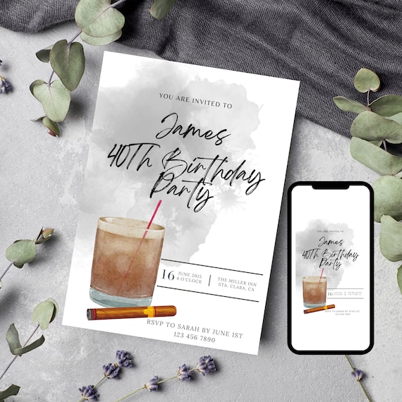 Adult Whiskey and Cigar Birthday Invitation, Editable Any Age Men's Birthday Invite, Printable Bday Invitations, Instant Download #AWC