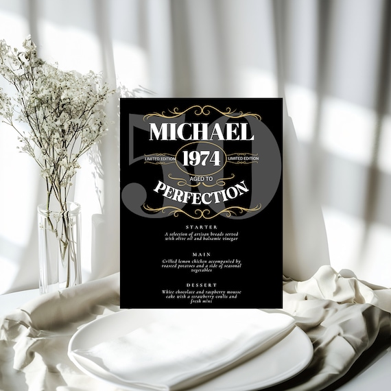 Editable Menu Sign Age to Perfection Birthday Party ANY AGE, Gold Whiskey Label Party Decor, Gentleman Milestone