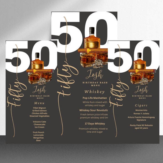 Adult Whiskey and Cigar Birthday Menu, Editable Any Age Men's Birthday Invite, Printable Bday Invitations, #AWC