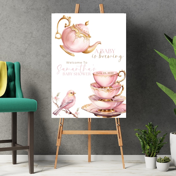 Customizable Baby Shower Tea  Welcome Sign Template, Pink and Gold Tea Pot Party Signage, A Baby Is Brewing Banner, Pink Girl Editable Signs