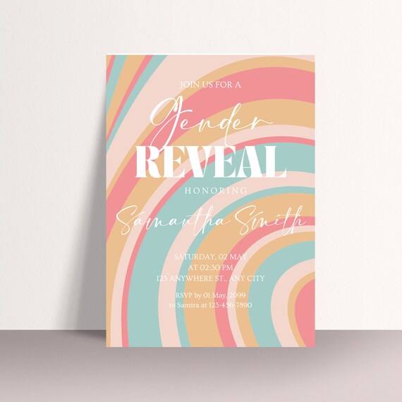 Groovy 70's Gender Reveal Invitation - Editable Template, Retro Funky Vibes, Rainbow Hippie Baby Shower, Printable 70s Vibe Pastel