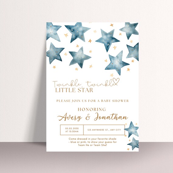 Editable Blue Stars Baby Shower Invitation Template - Twinkle Little Star - Printable Boy Invite - Customizable DIY Baby Shower Invitations