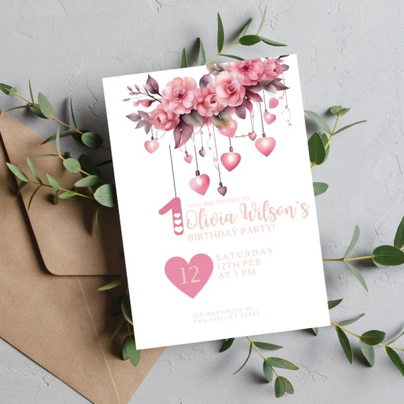 Floral Heart Birthday Invitation Template, Fairy Lights Party Invite, Editable Any Age Birthday Invitations, Printable Pink Floral Heart