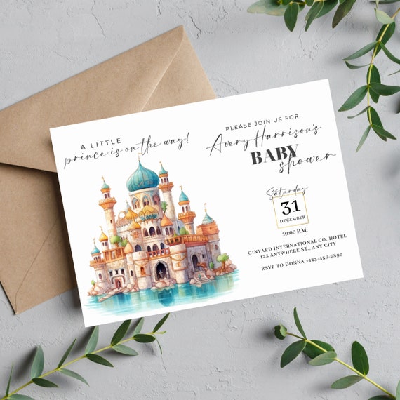 DIY Printable Blue Castle Baby Shower Invitation - Editable Template A Little Prince on the Way Party, Fairytale Theme, Custom Royal Invite