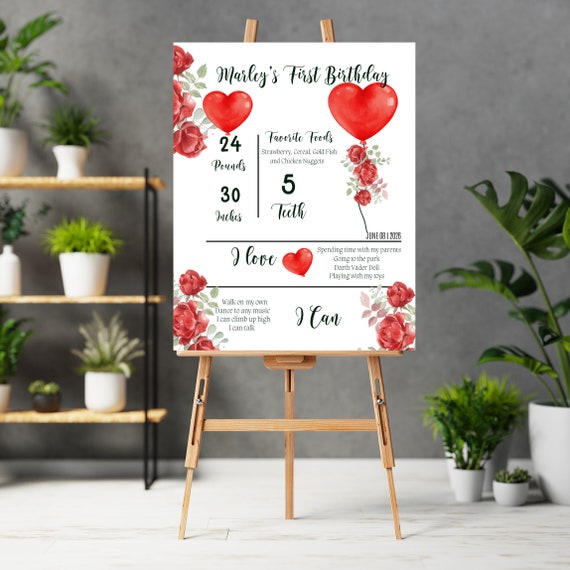 Little Sweetheart Birthday Party Milestone Sign, Valentine Birthday Party Signs, Red Floral Heart Balloon Banner, Print and Digital, #BHF