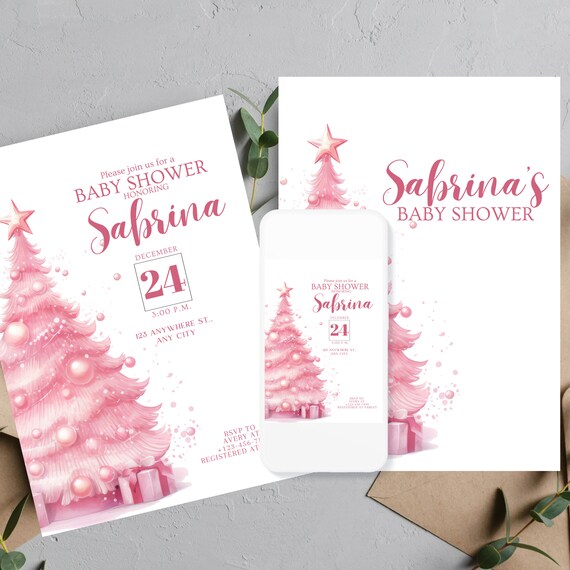Pink and Black Christmas Tree Baby Shower Welcome Sign, Editable Girl Banner, Custom Baby Shower Signs, Pink Christmas Tree Printable