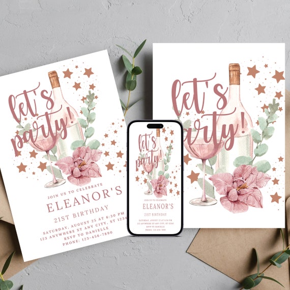 Ladies Champagne 21st Birthday Invitation, Cocktail Party Invitations, Printable Template Invites, Digital Download, #CBP