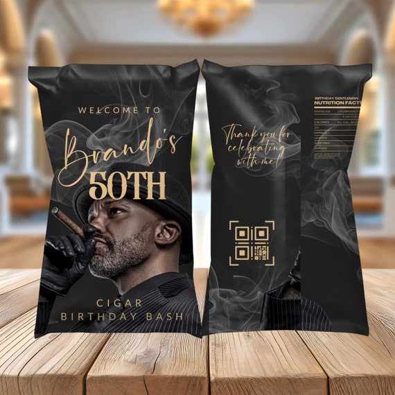 Editable Adult Cigar Birthday Photo Party Chip Bag Template - Printable Men's Birthday Chip Bag Label - Custom Bday Party Favor