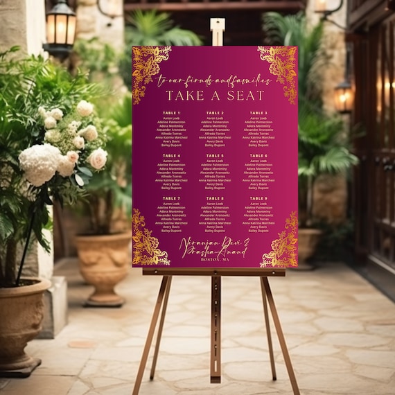 Traditional Red and Gold Indian Wedding Seating Chart - Editable Template, Elegant Design - Hindu Wedding Banner - Digital Printable