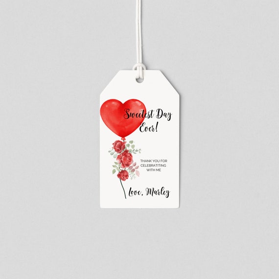 Little Sweetheart Birthday Thank You Tag, First Birthday Party Tags, Watercolor Red Heart Balloons, Instant Download #BHF