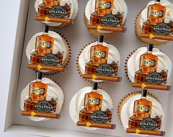 Edible Whiskey & Cigar Cupcake Toppers | Cocktail Party Decor, Birthday Cake Topper for Men | Aged to Perfection Theme | Whiskey Lover Decor
