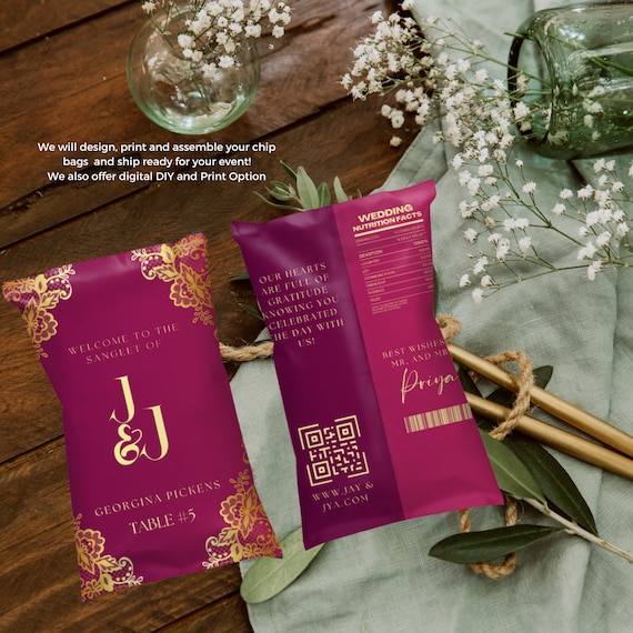 Royal Indian Wedding Party Favor - Editable Hindu Decor Chip Bags & Table Numbers for Grand Celebration - Personalized Guest Name Chip Bags