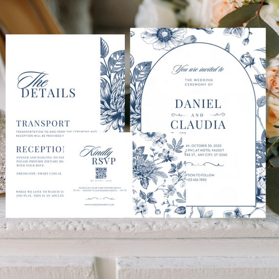 Vintage Dusty Blue Floral Wedding Invitation Suite | Elegant Chinaware-Inspired Invitations with RSVP Card | Classic Blue and White Wedding