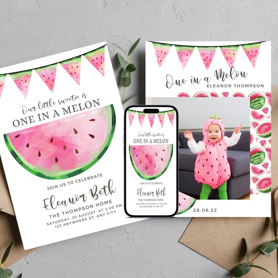 Watermelon Birthday Photo Invitation Template, Pink Watermelon Printable Invite, One in a Melon Invitations, One in a Melon, #MBP