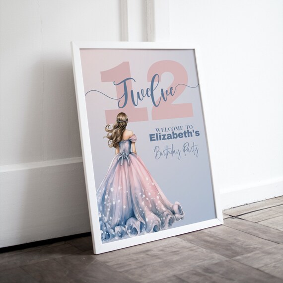Princess Birthday Welcome Sign, Royal Party Entrance Decor, Pink and Blue, Customizable Banner, Girls Birthday Decorations, Instant Download