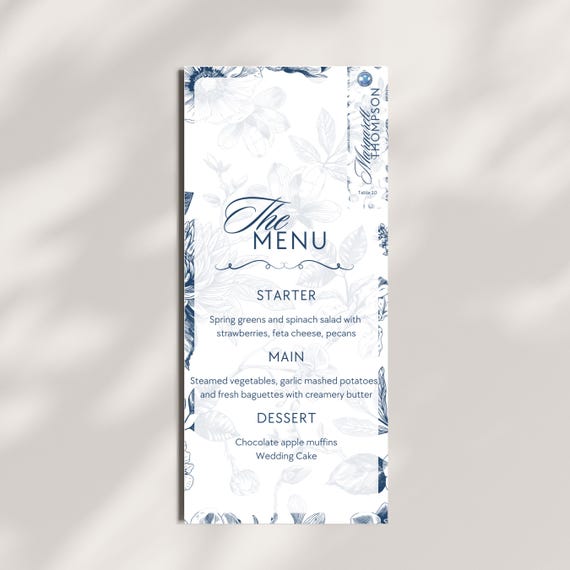 Vintage Dusty Blue & White Floral Wedding Dinner Menu | Elegant Editable Chinaware Menu Guest Names, Table Numbers, Custom Wedding Menu